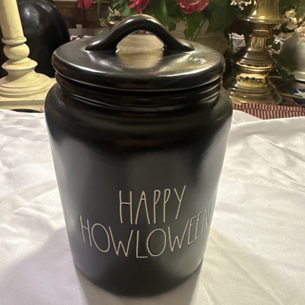 Rae Dunn Happy Howloween Black Ceramic Canister Jar w/ Lid Handle 9.5 in